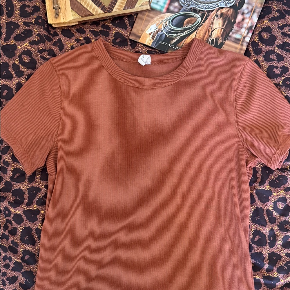H&M Ribbed Short Sleeve Tee in Rust Brown